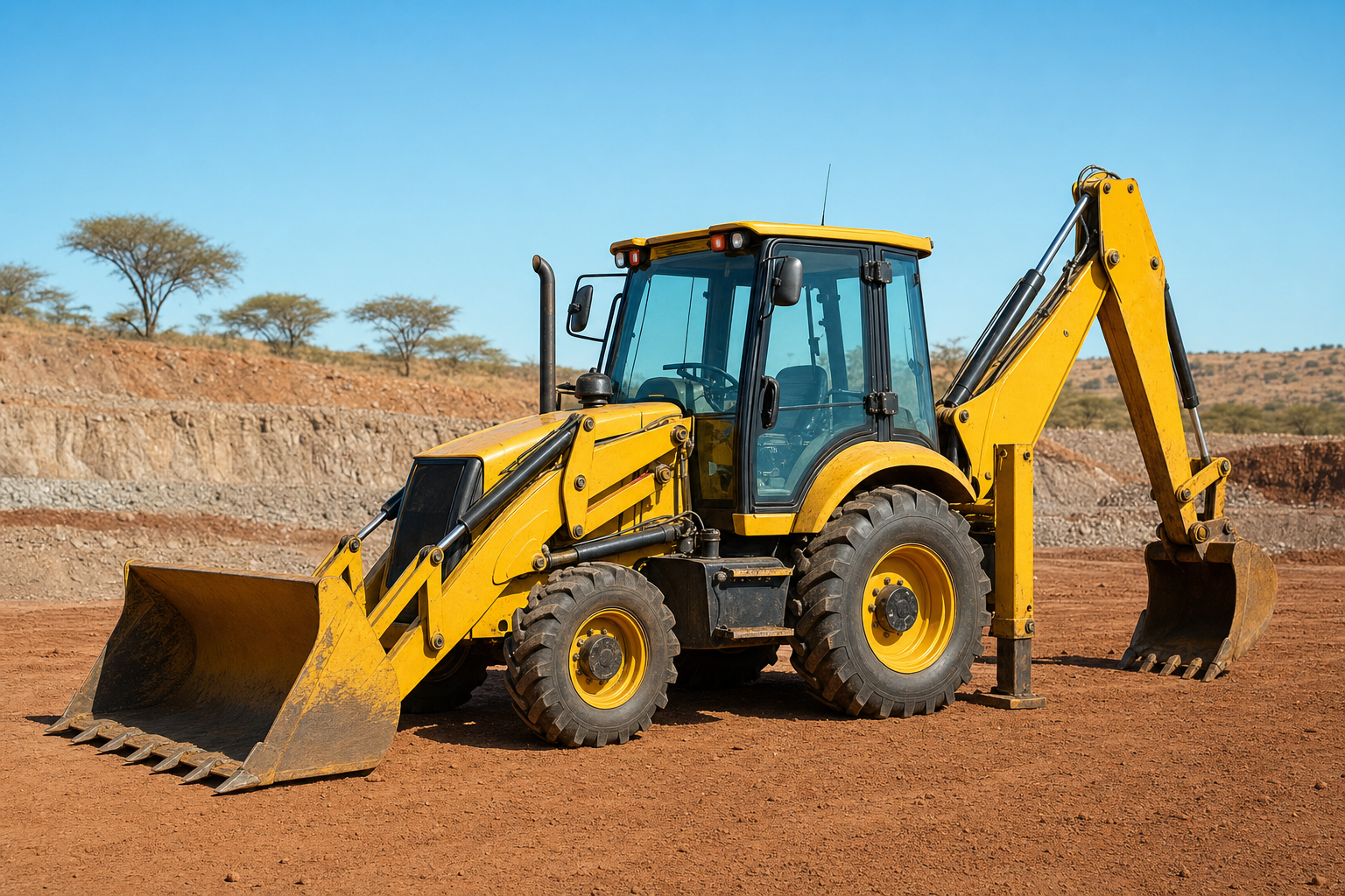 Mine-ready backhoe loader showing its front loader bucket and rear digging boom