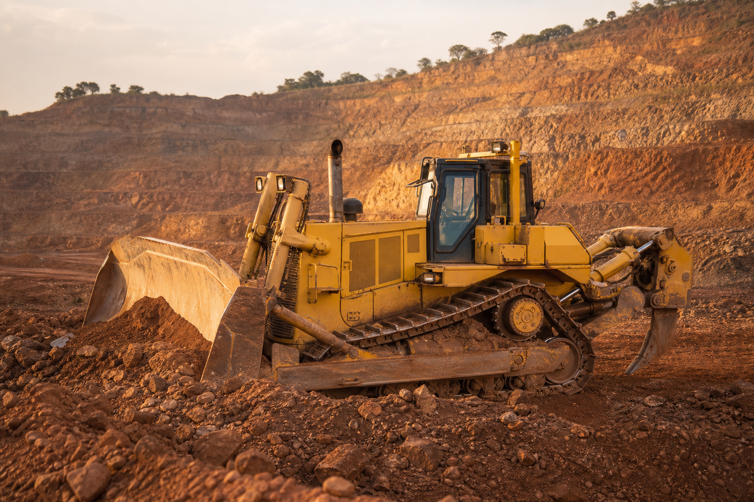 Crawler dozer working on a rocky open-pit mine bench