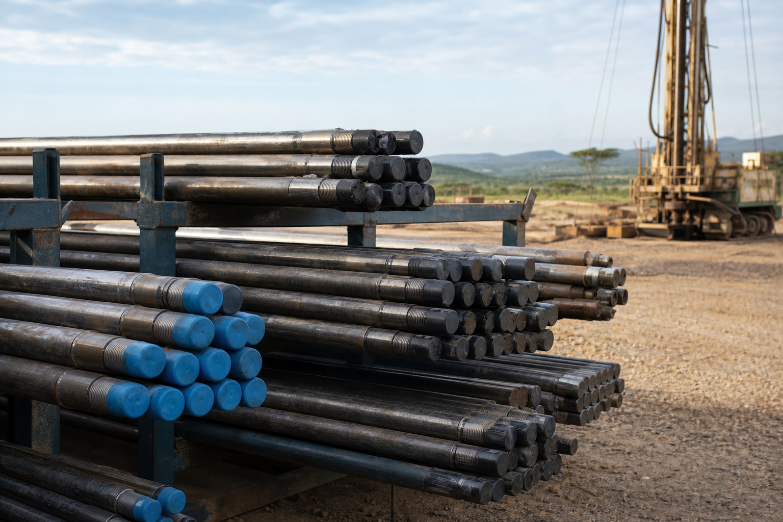 Organised bundles of mineral exploration drill rods on field racks