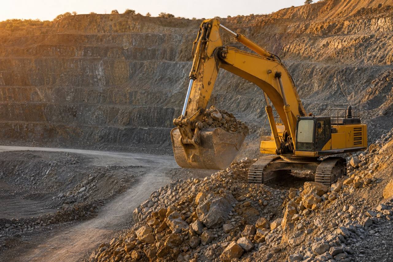Large mining excavator loading broken rock in an open pit