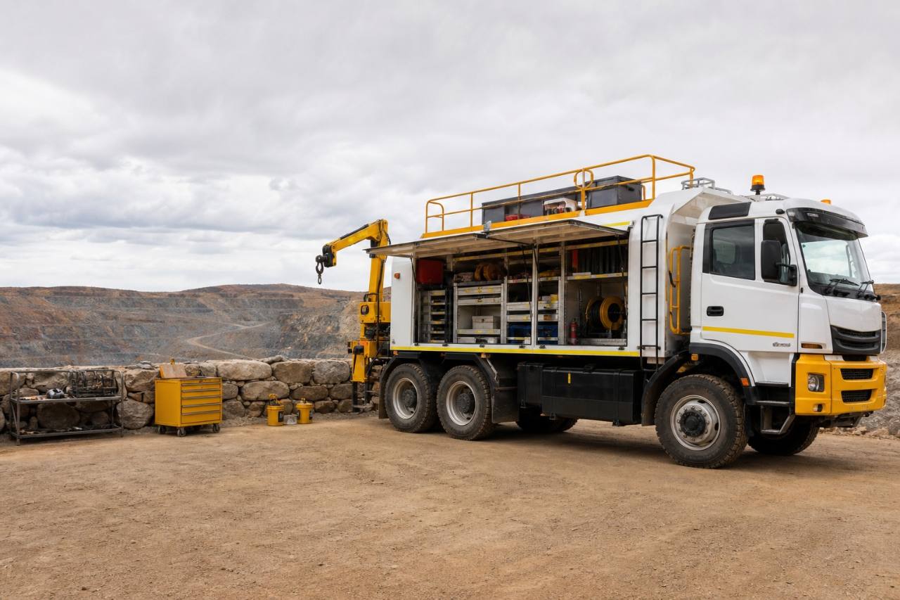 Mine service truck equipped for mobile maintenance support