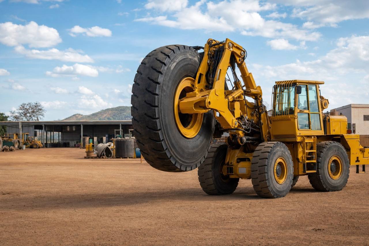 Heavy tyre handler carrying an off-road mining tyre