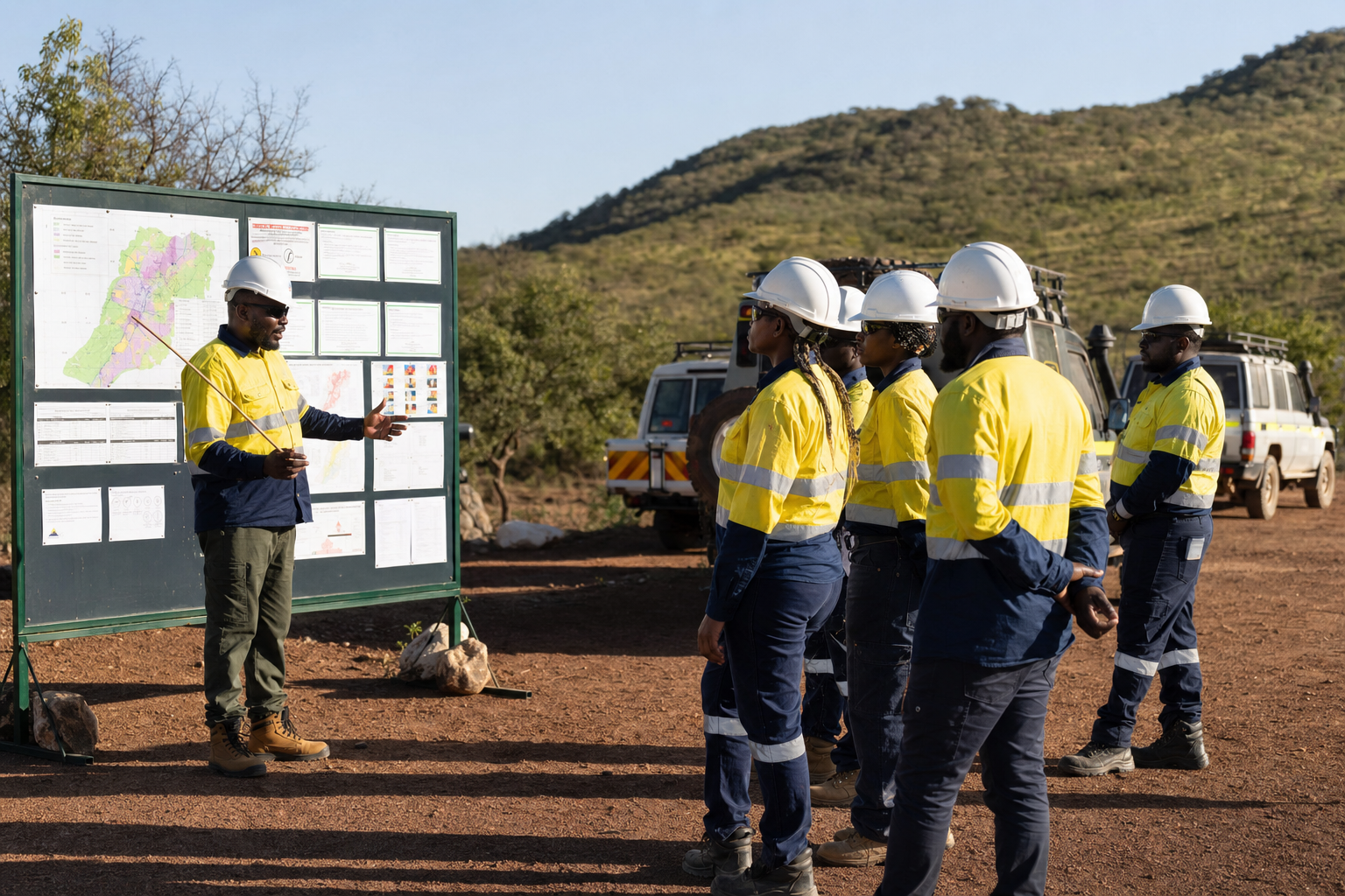 Exploration HSE supervisor leading a structured pre-start safety briefing