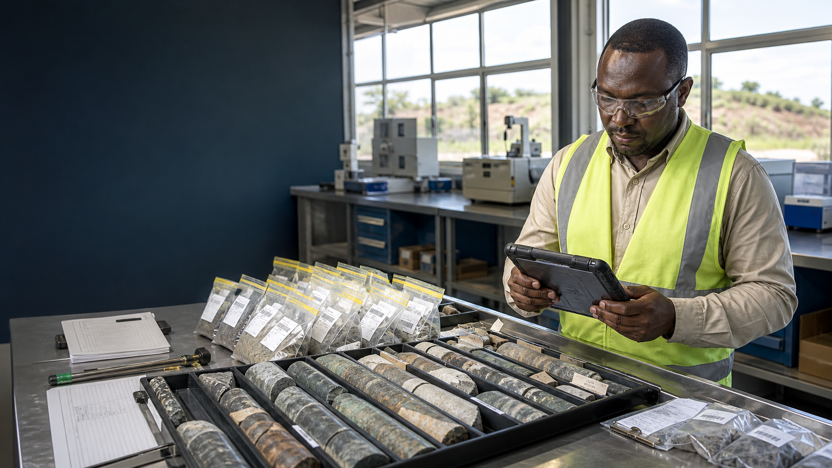 Laboratory specialist reviewing labelled exploration samples and QA/QC records
