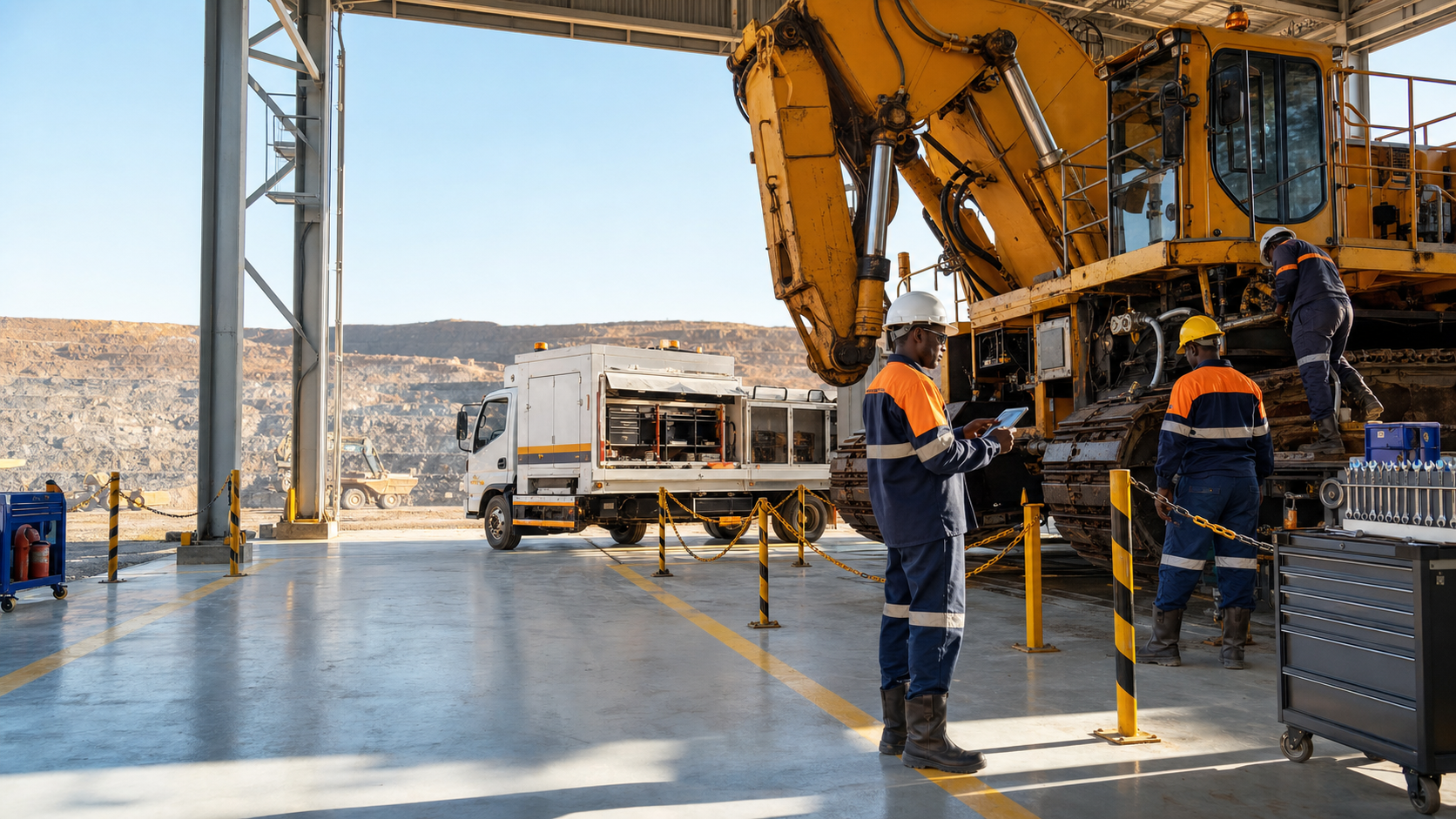Heavy equipment undergoing a controlled service inspection in a bright mine workshop