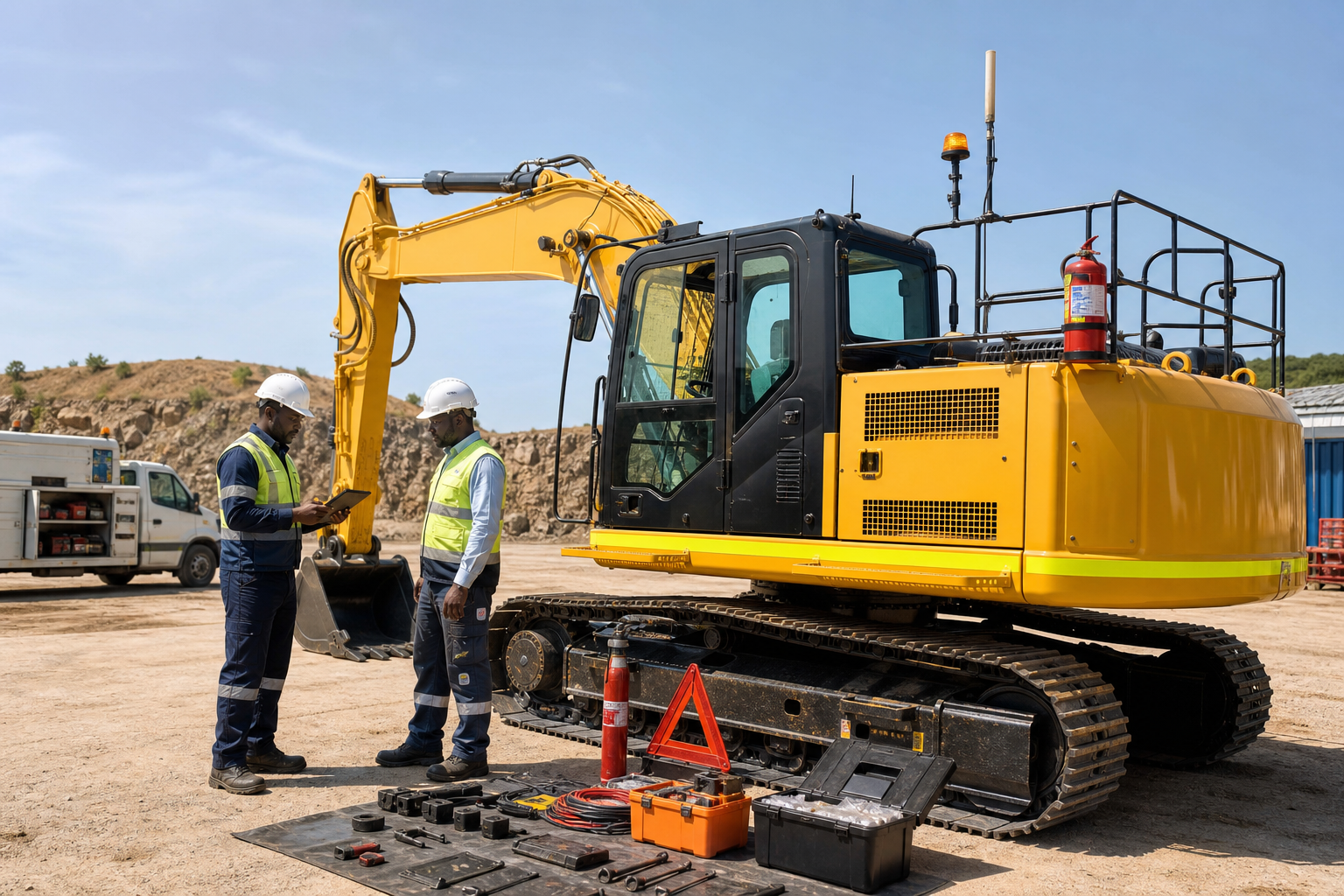 Commissioning engineers checking a newly prepared mine excavator before handover