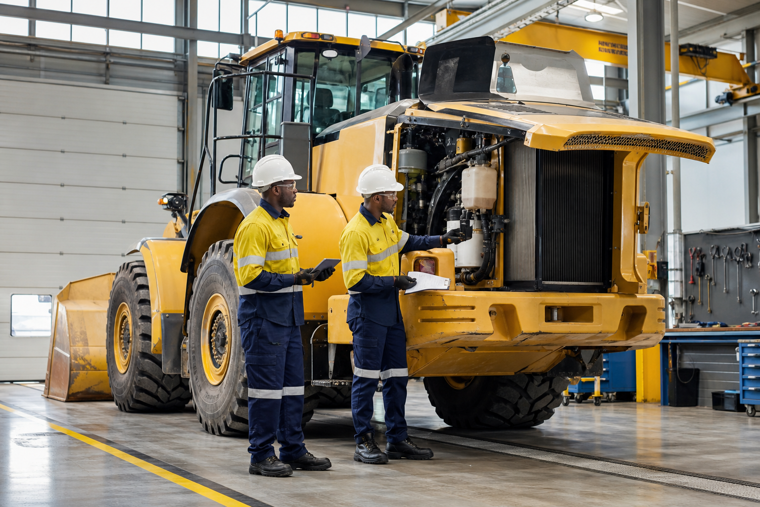 Maintenance technicians completing a planned service inspection on a wheel loader