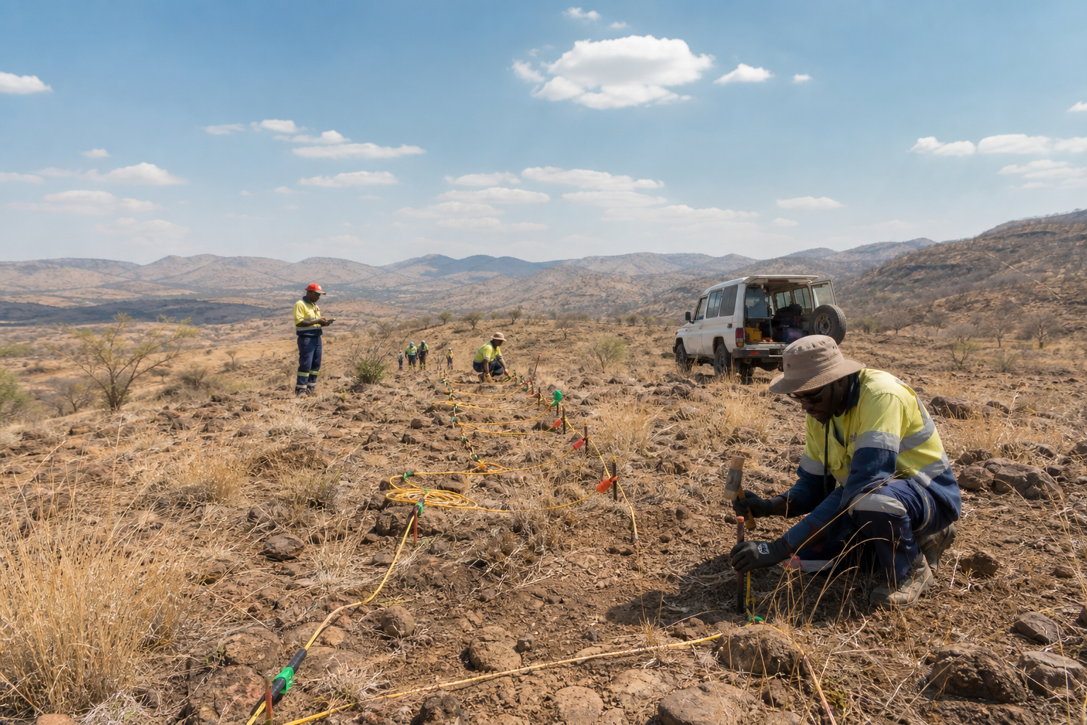 Demonstration copper exploration team operating a ground geophysics survey line